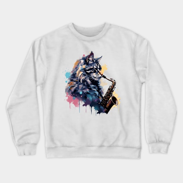 Maine Coon Cat Playing Saxophone Crewneck Sweatshirt by Graceful Designs